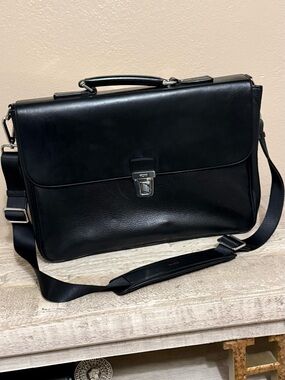 Classic Black Leather Briefcase Messenger Bag - Men
